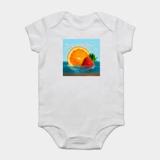 Orange and strawberry in water, strawberry dropped into blue ocean Baby Bodysuit